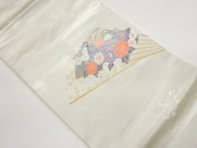 Nagoya obi with platinum foil fan, flowers, birds, pine trees, and classic patte